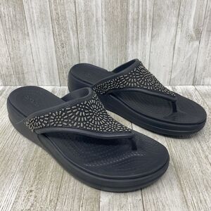 Crocs Sandals Womens 10  Flip Flops Wedge Dual Comfort Monterey Diamante Black